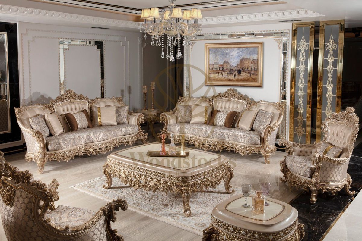 Teak Sovereign Light Brown Damask Sofa Set, Sofa Set