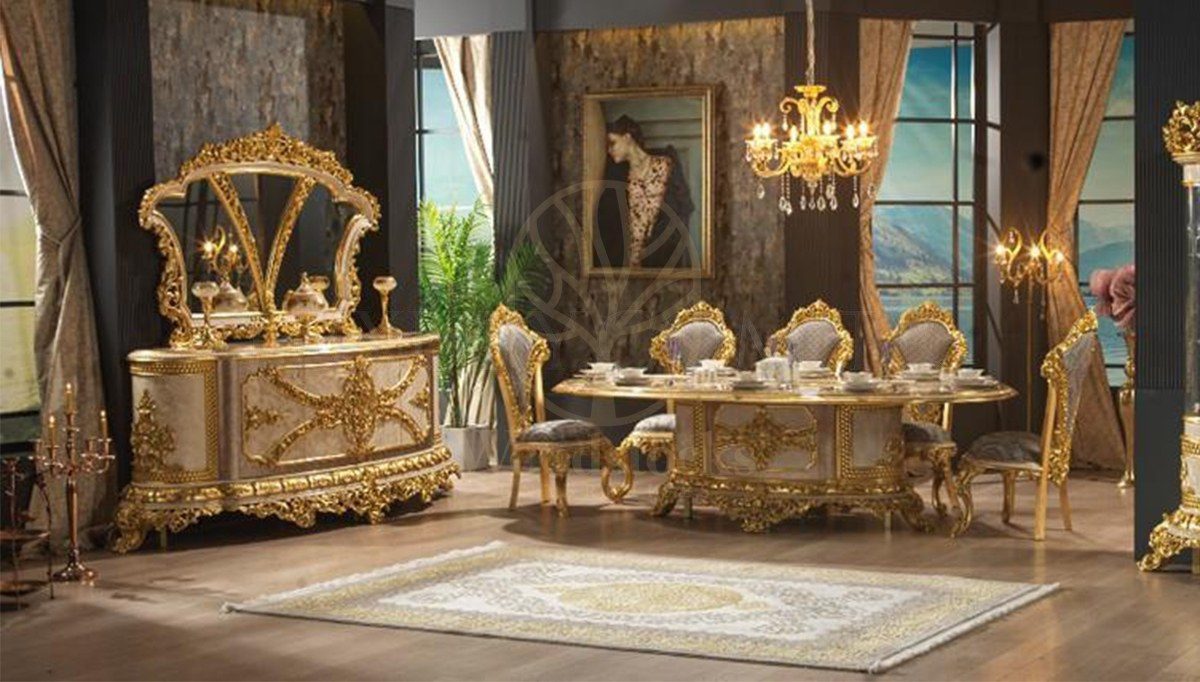Royal Hunkar Gold Leaf Hand Carved Teak Dining Table Set, Saharanpur, Dining Table