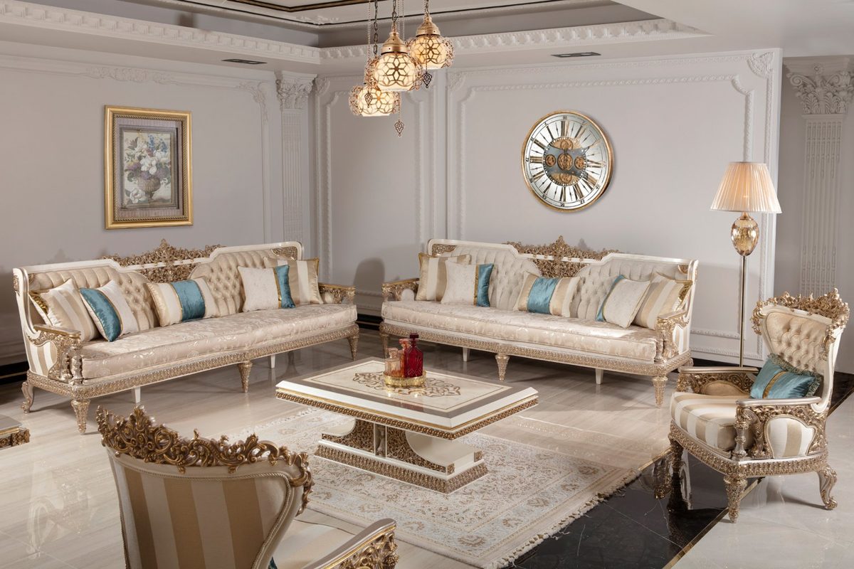 Teak Ornate Cream and Gold Throne Sofa Set, Sofa Set