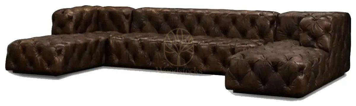 Royal Halifax Chesterfield Leather Hand Carved Teak L-Shape Sofa, Saharanpur, view 2