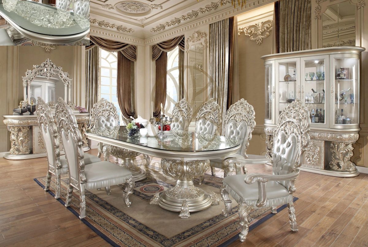 Teak Carved Silver 7-Piece Dining Table III, view 5