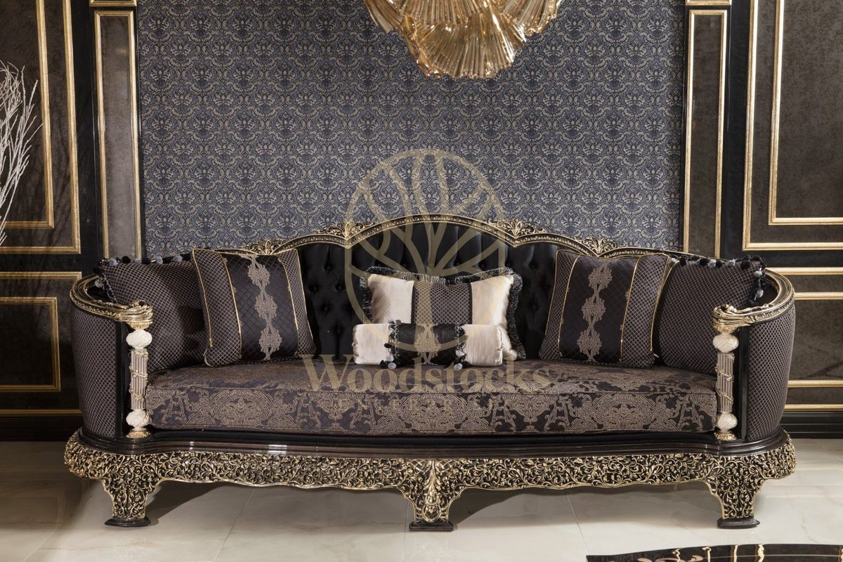 Teak Monaco Charcoal and Gold Tufted Sofa Set, view 8