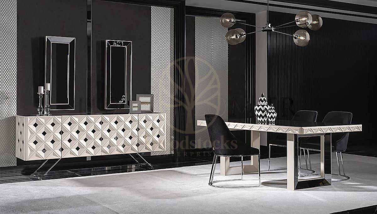 Luxury Amelie White Black Handcrafted Teak Dining Table Set, Saharanpur, view 3