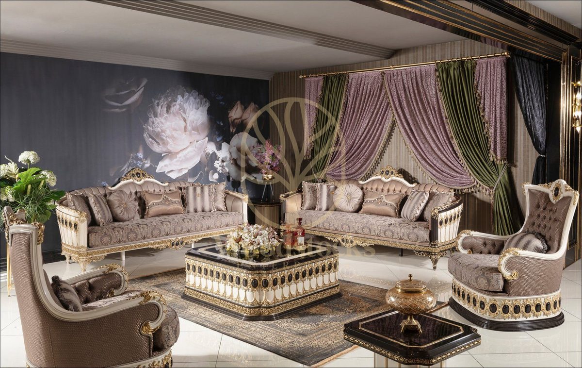 Teak Regal Ivory and Gold Sofa Set, Sofa Set