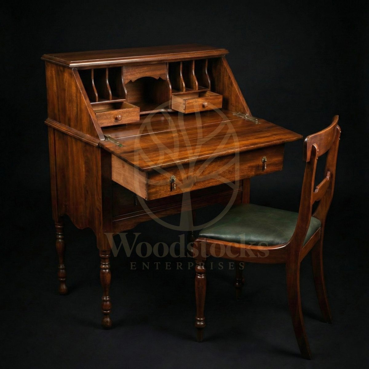 Royal Teak Regency Scribe’s Drop-Front Bureau & Sabre-Back Chair Ensemble, Saharanpur, Office & Study Table