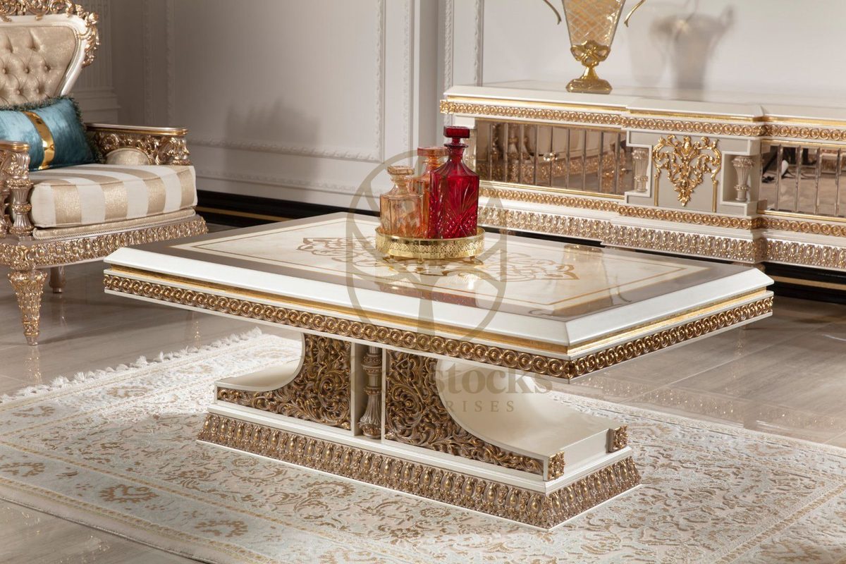 Teak Ornate Cream and Gold Center Table, Center Table
