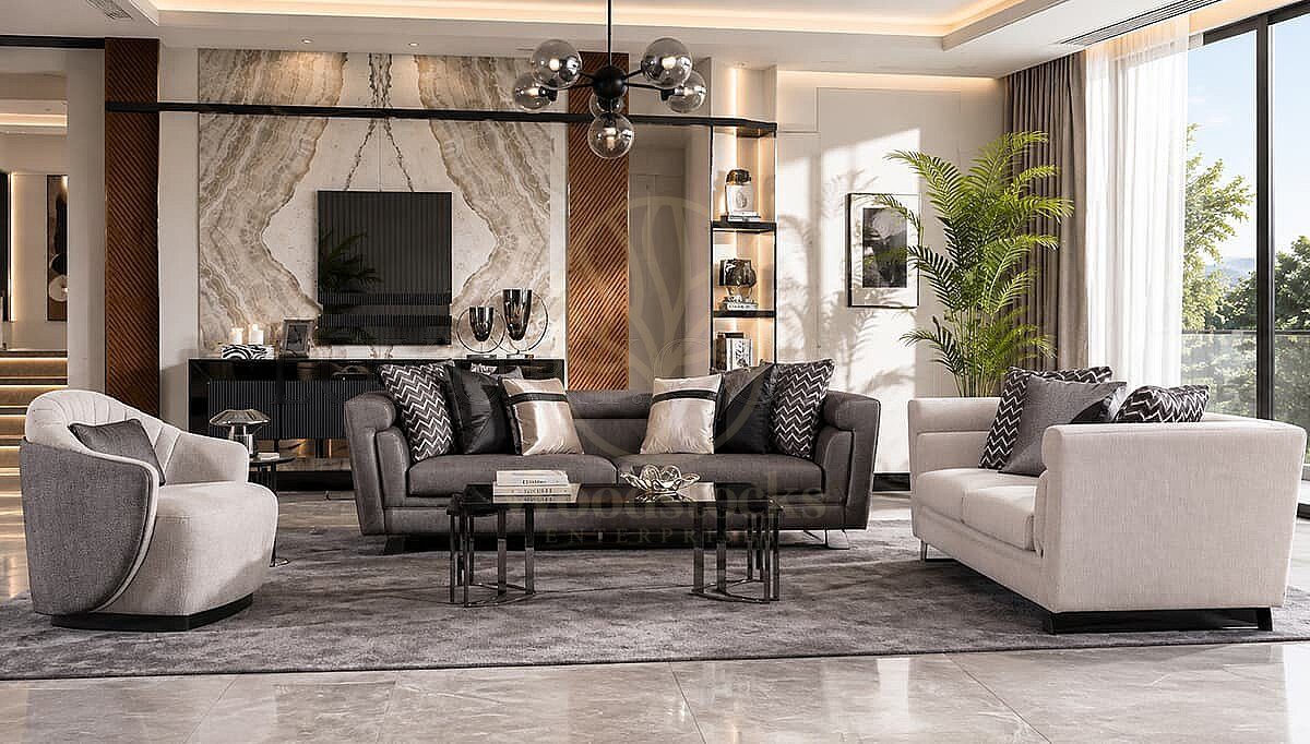 Luxury Elvano Grey Handcrafted Teak Sofa Set, Saharanpur, Sofa Set