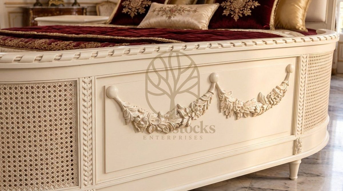Teak Luxury French Provincial Carved Upholstered King Bed, view 5