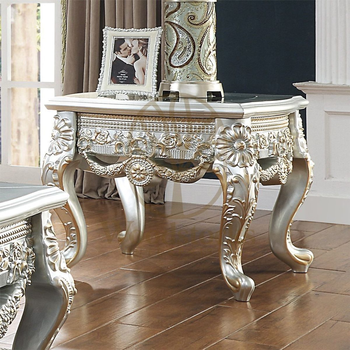 Teak Hand-Carved Belle Silver Corner Table, End Table / Corner Table