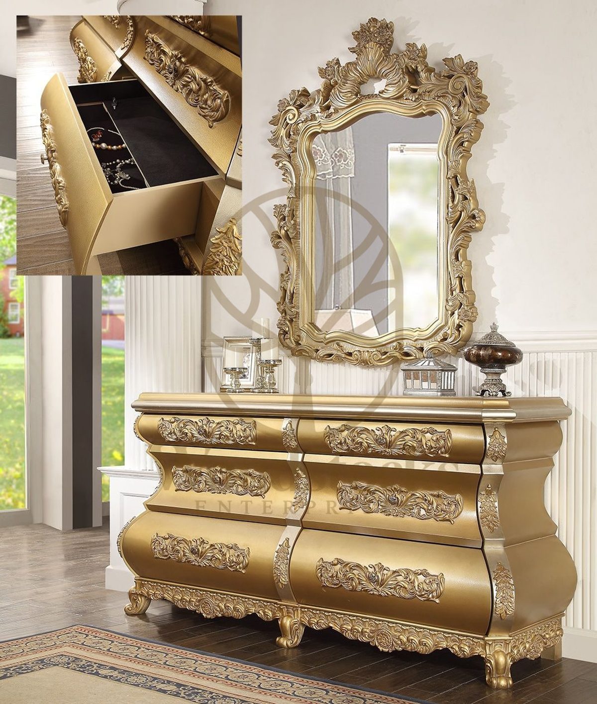 Teak Tufted Gold King Size Bed, view 4