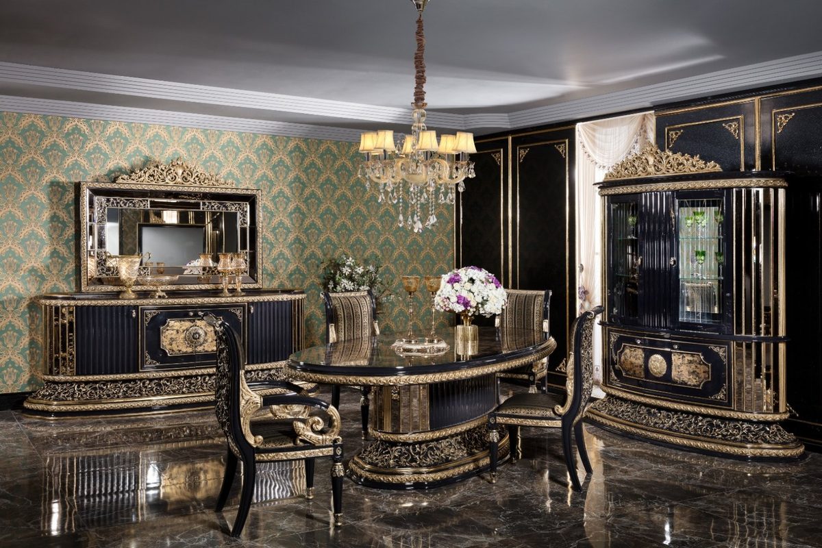 Teak Classic Black and Gold Dining Set, Dining Table