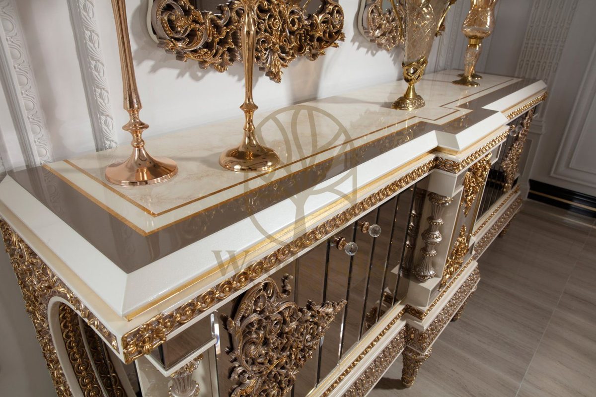 Teak Ornate Cream and Gold Console Table, alternate view