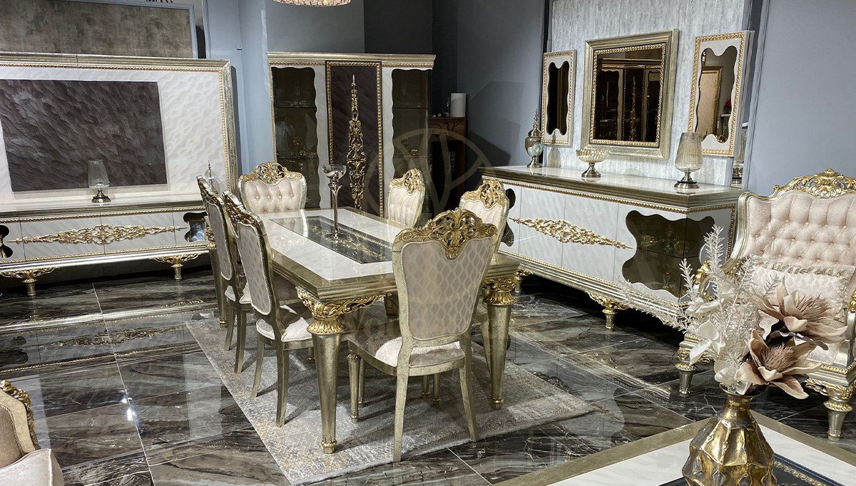 Royal Akranes White Hand Carved Teak Dining Table Set, Saharanpur, Dining Table
