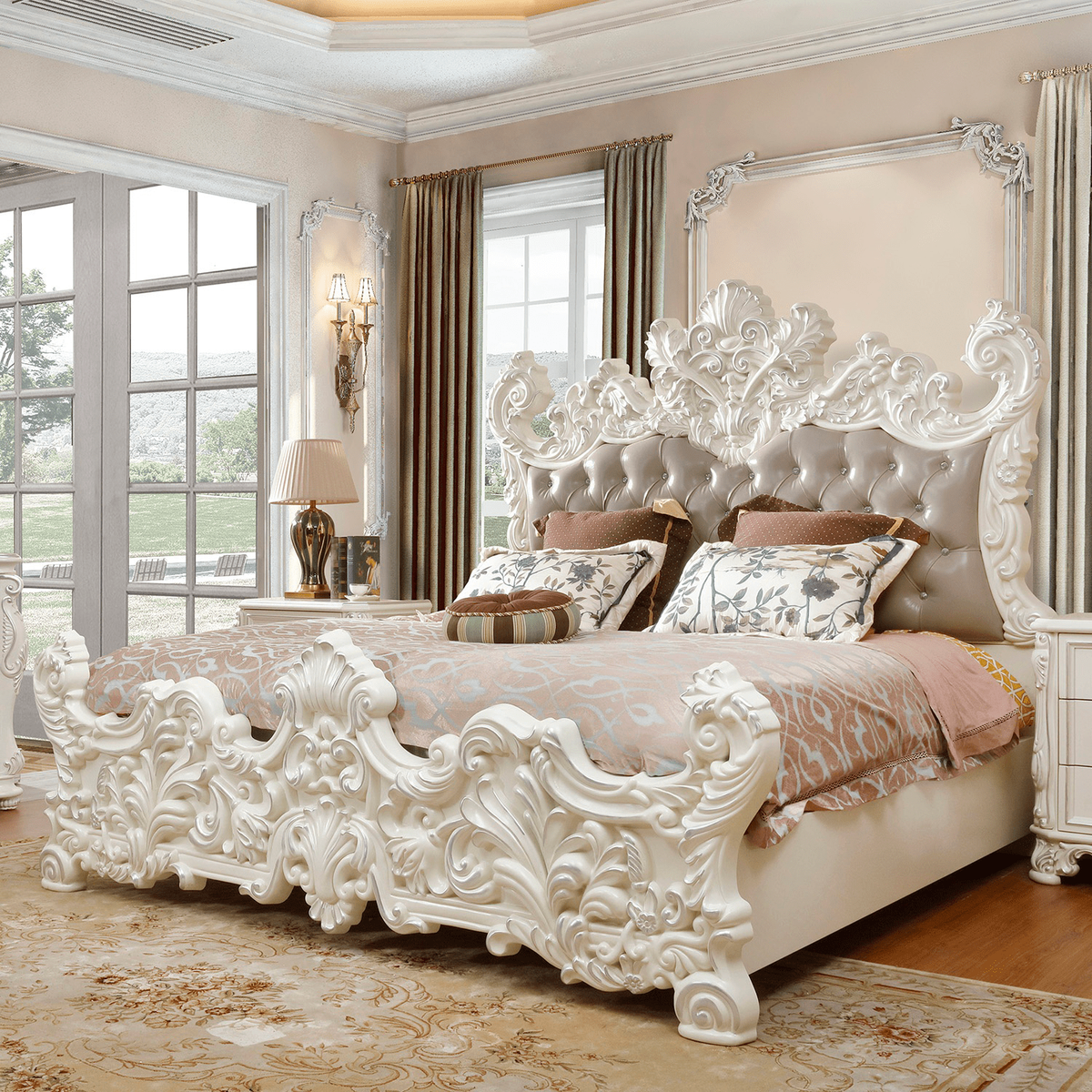 WSE High Quality Teak Wood Tufted Ivory 4-Piece King Size Bed, King Size Bed