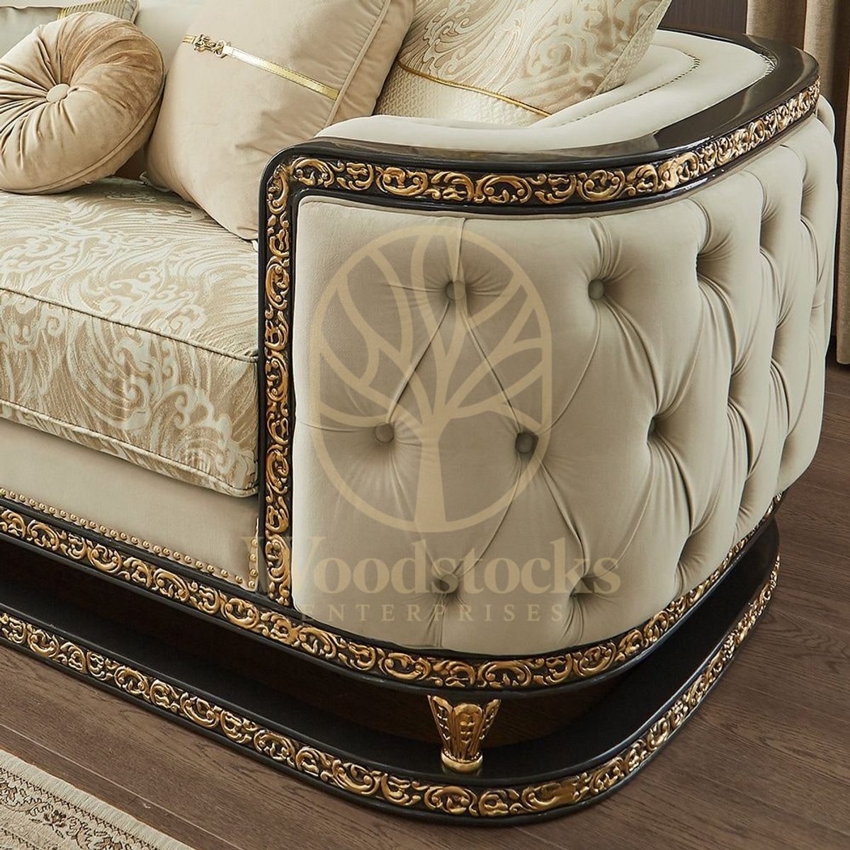 Teak Cabriole Turkish Cream Sofa Set, view 4