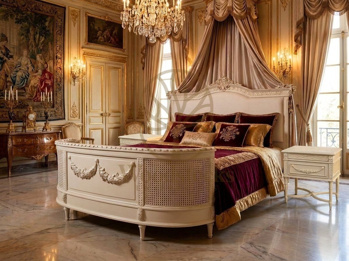 Teak Luxury French Provincial Carved Upholstered King Bed, view 3