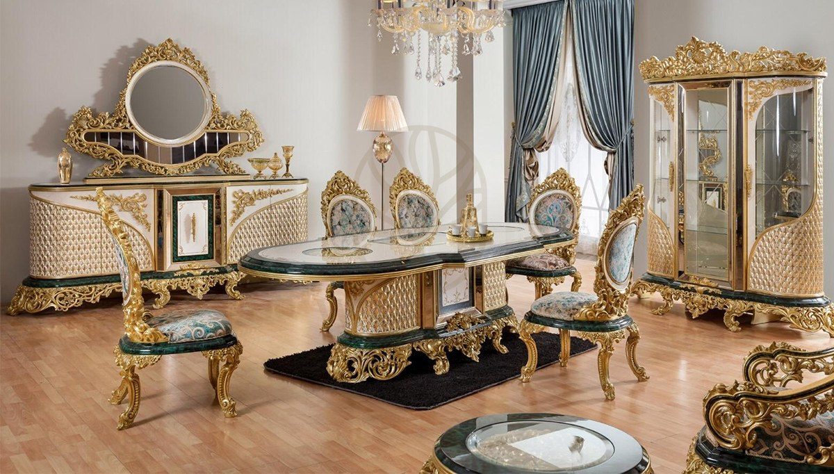 Royal Hazar Green Hand Carved Teak Dining Table Set, Saharanpur, Dining Table