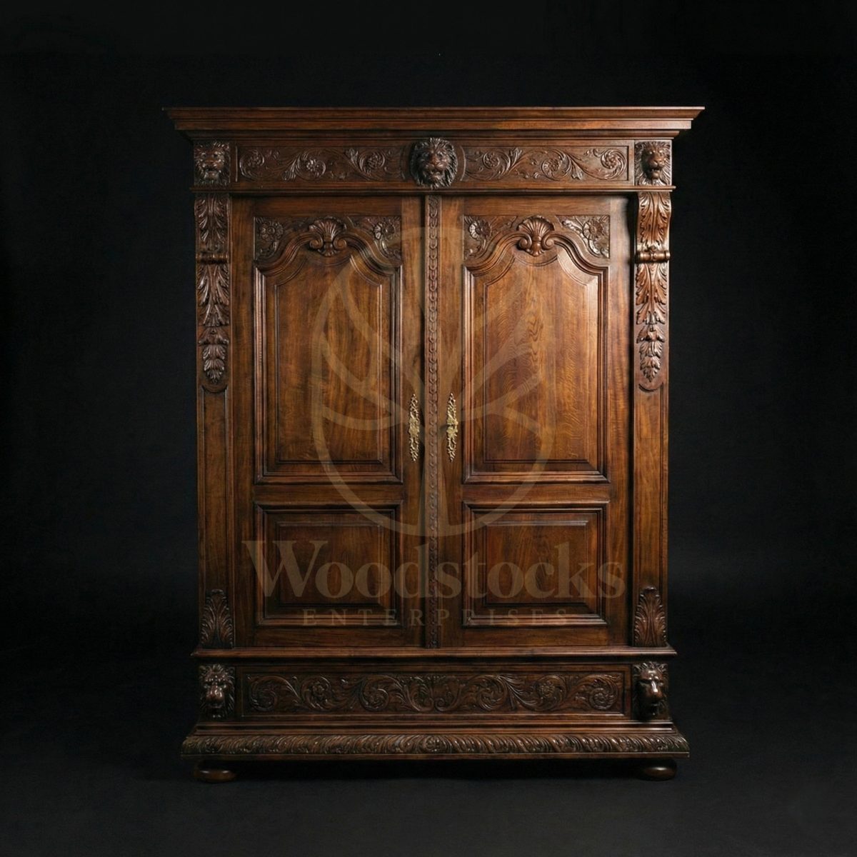 Royal Hand Carved Teak Lion-Guarded Armoire of the Loire Châteaux, Saharanpur, Almirah Wardrobe