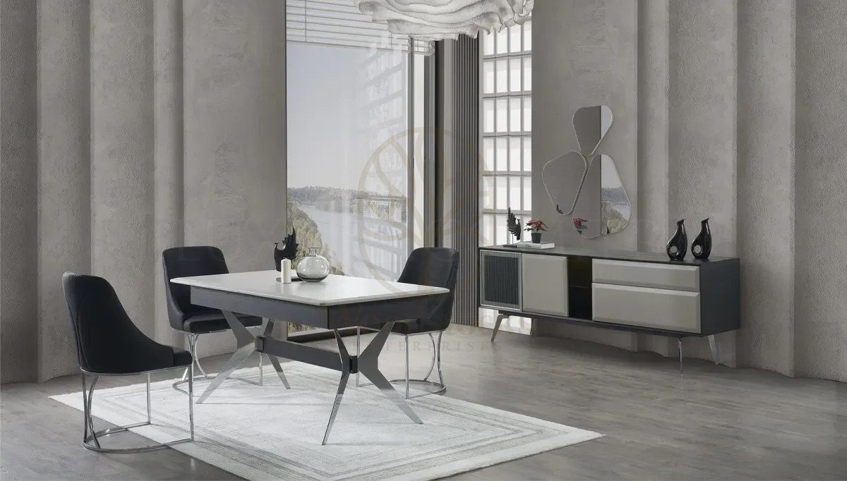 Luxury Alinas Grey Handcrafted Teak Dining Table Set, Saharanpur, view 3