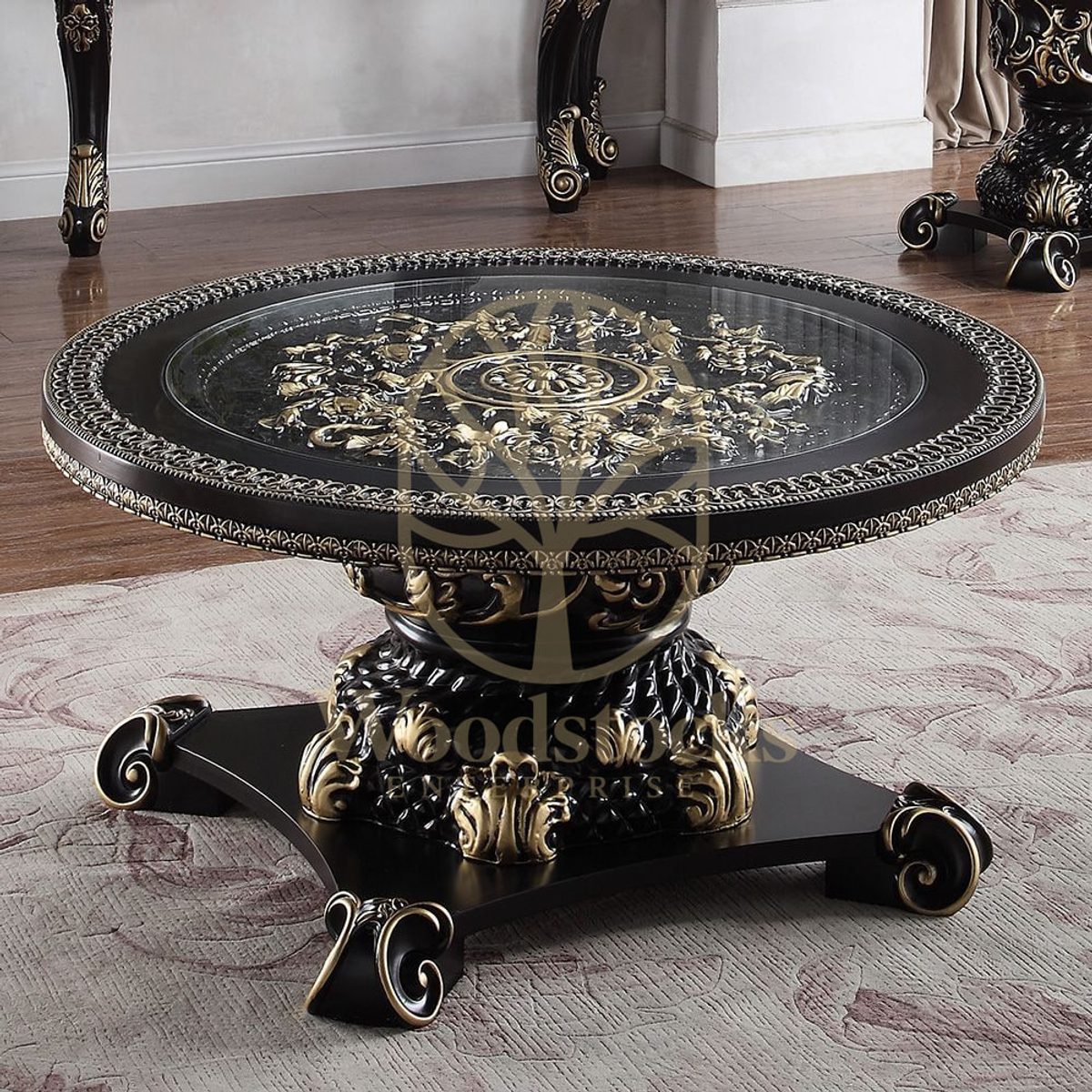 Teak Hand-Carved Antique Gold 3-Piece Coffee Table, Center Table
