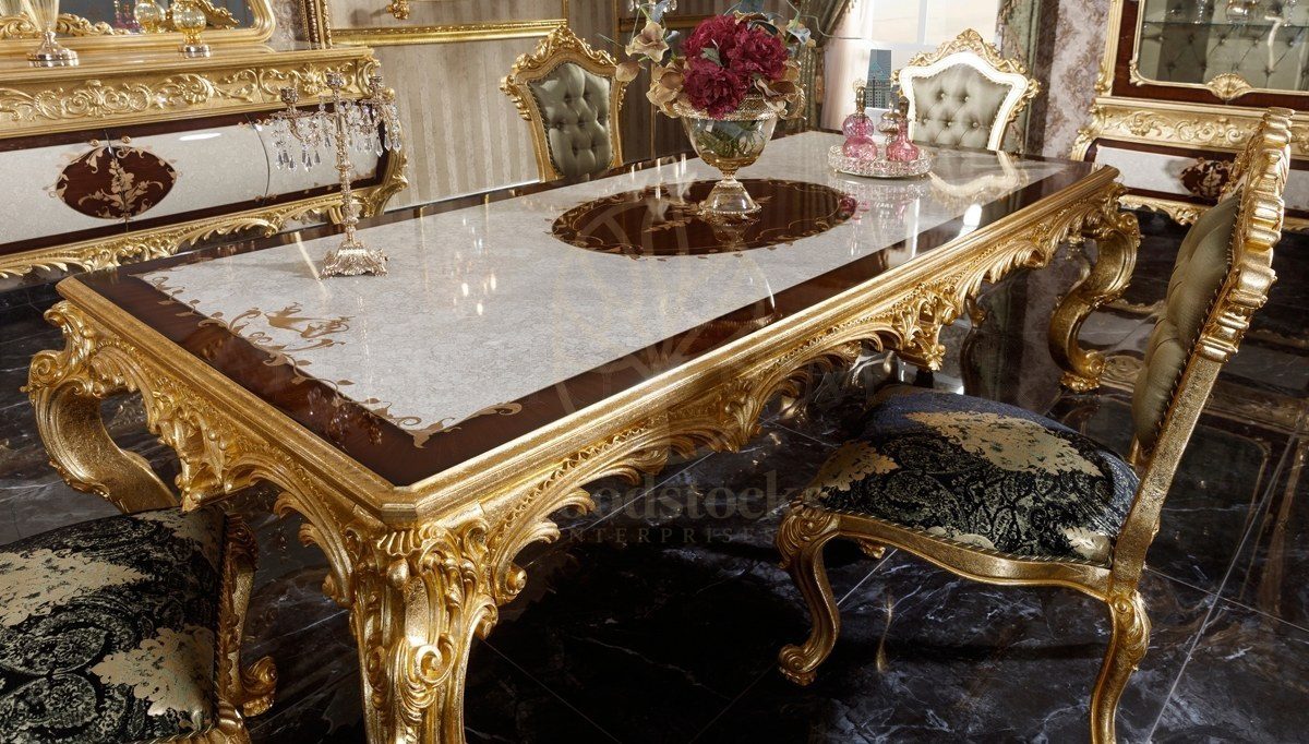 Royal Monesa Gold Leaf Hand Carved Teak Dining Table Set, Saharanpur, view 5
