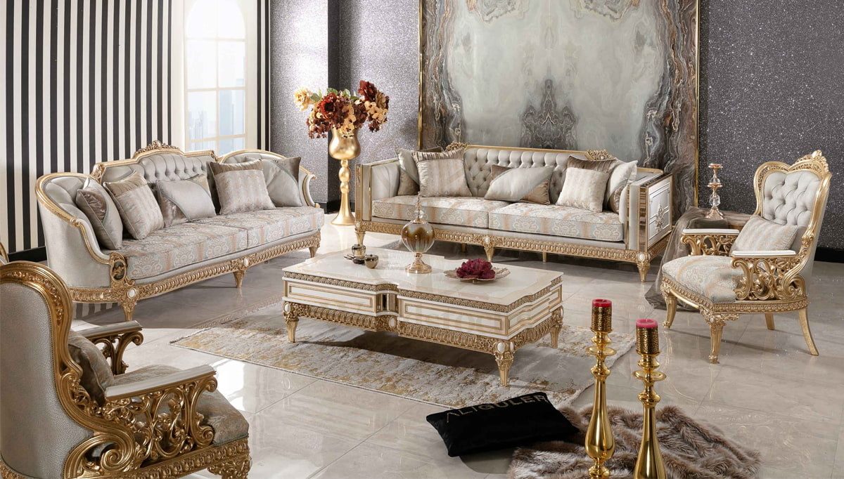 Royal Dominika Cream Hand Carved Teak Sofa Set, Saharanpur, Sofa Set