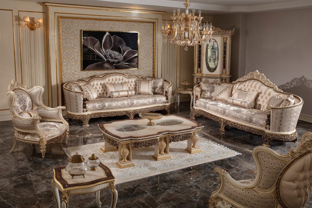 Teak Monaco Cream and Gold Wingback Sofa Set, Sofa Set