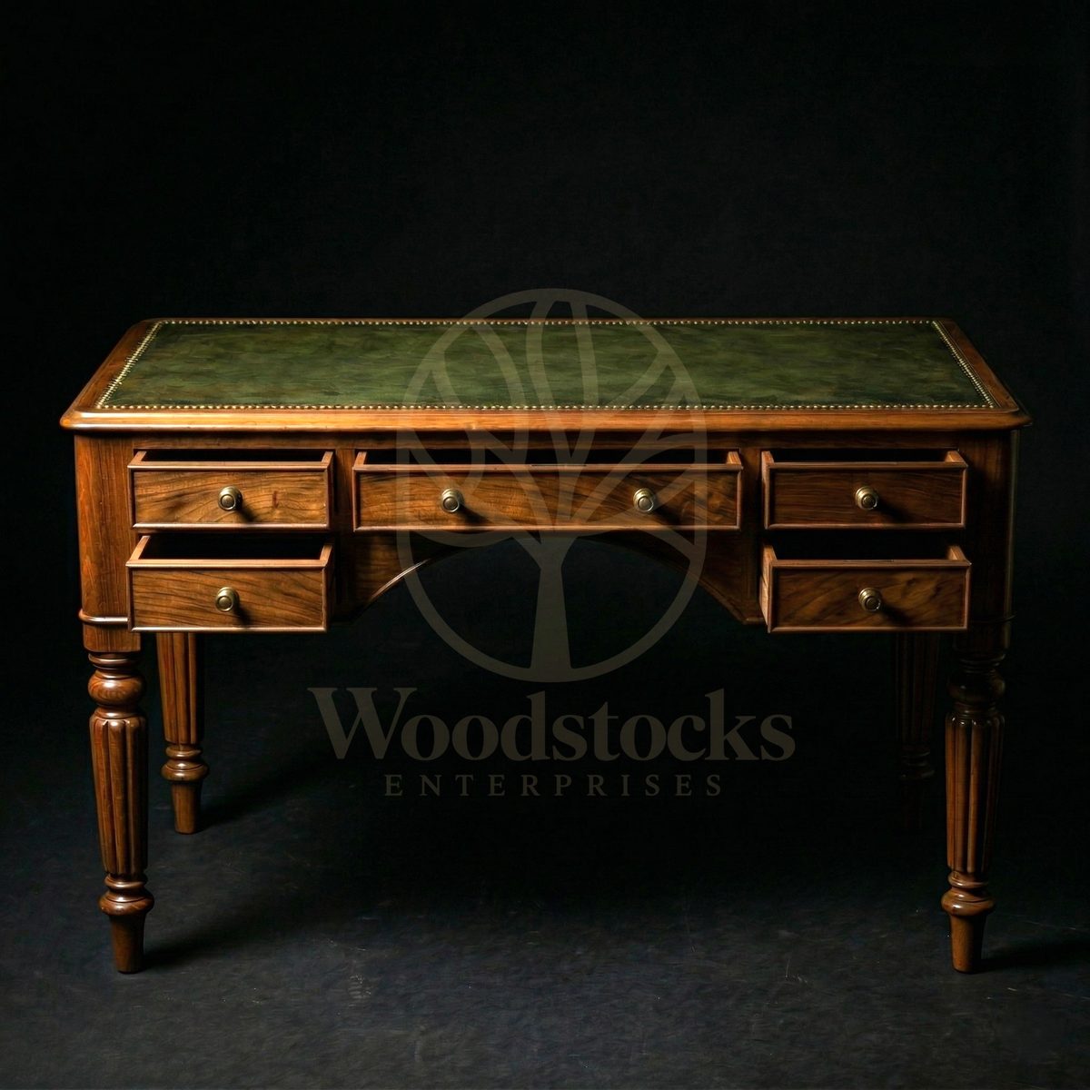Luxury Teak Bristol Kneehole Leather-Top Desk, Saharanpur, view 3