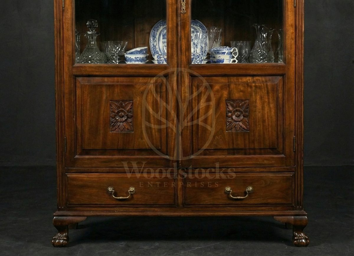 Hand Carved Teak Stratford Rosette-panel Glass Hutch, Saharanpur, view 6