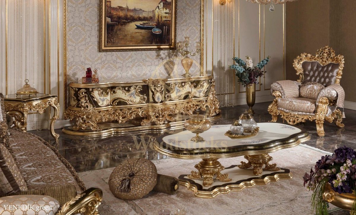 Teak Venetian Champagne and Gold Sofa Set, alternate view