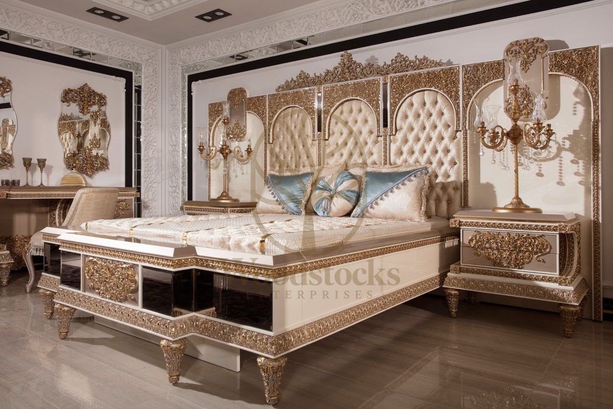 Teak Ornate Cream and Gold 4-Piece King Size Bed, view 7