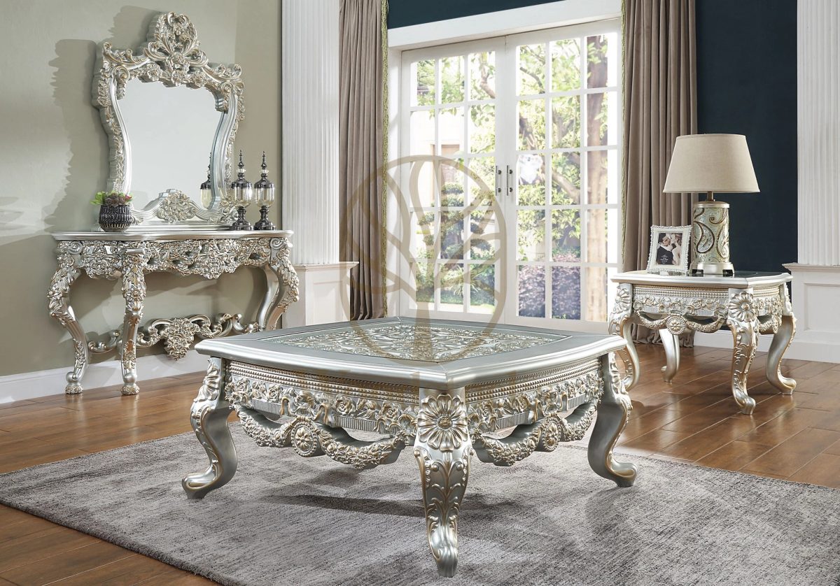 Teak Hand-Carved Belle Silver Coffee Table, Center Table