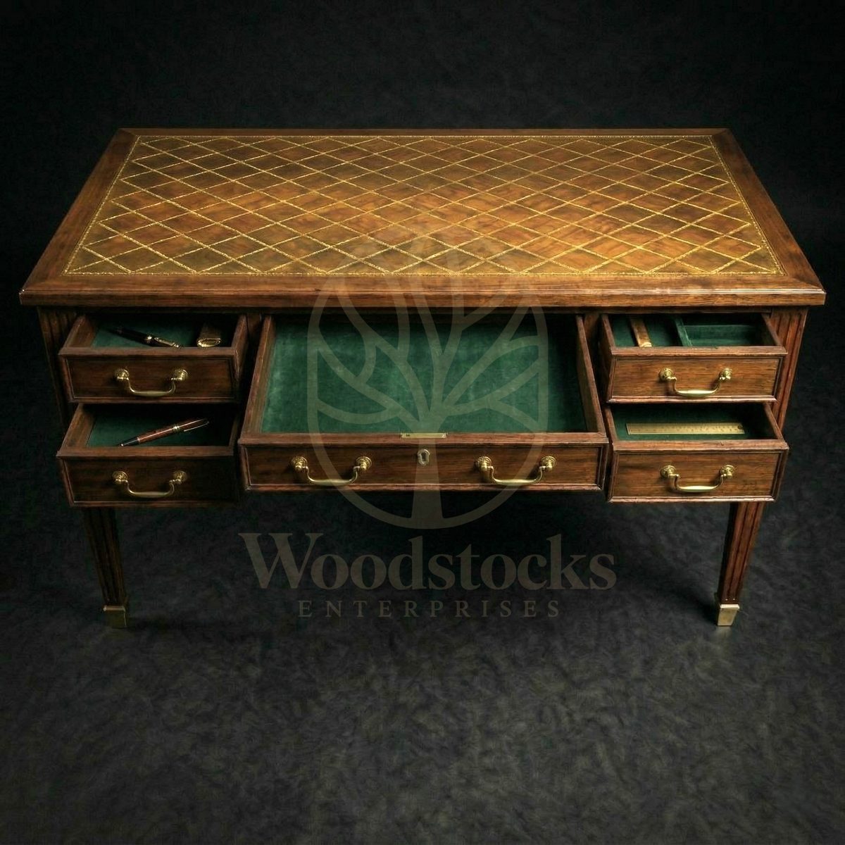 Royal Teak Fontainebleau Brass Inlay Bureau Plat, Saharanpur, view 4
