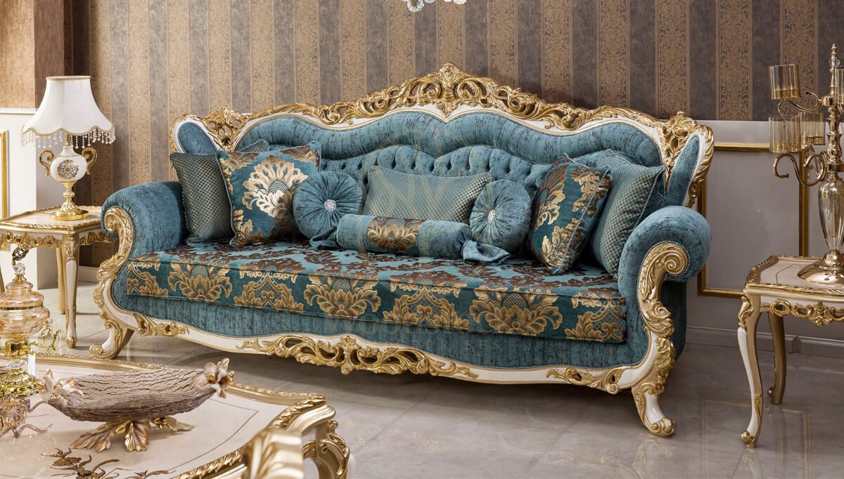 Royal Mecidiye Gold Leaf Hand Carved Teak Sofa Set, Saharanpur, view 6