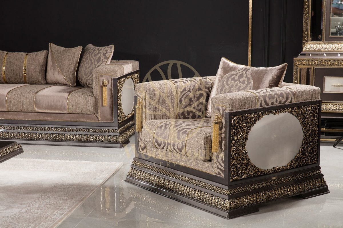 Teak Imperial Grey and Silver Tufted Sofa Set, view 6