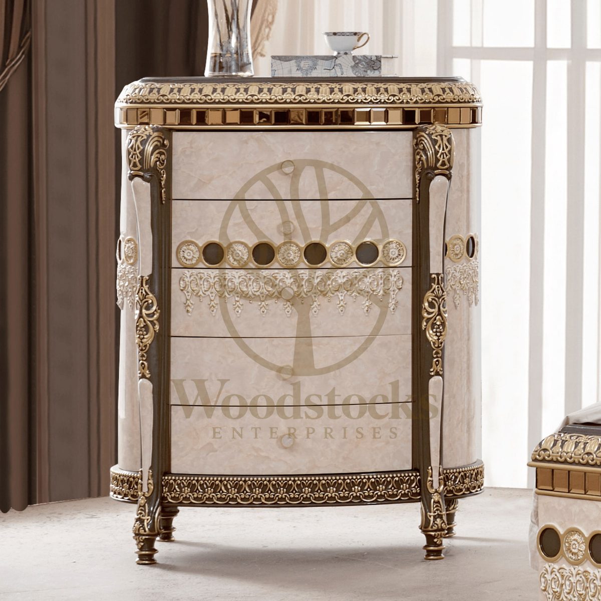 Teak Ornate Marbled Ivory Bedroom Set, view 3