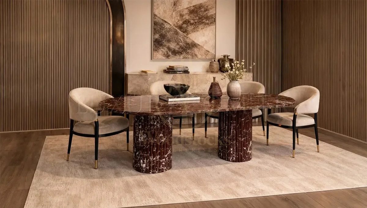 Luxury Rosso Marble Handcrafted Teak Dining Table Set, Saharanpur, view 2