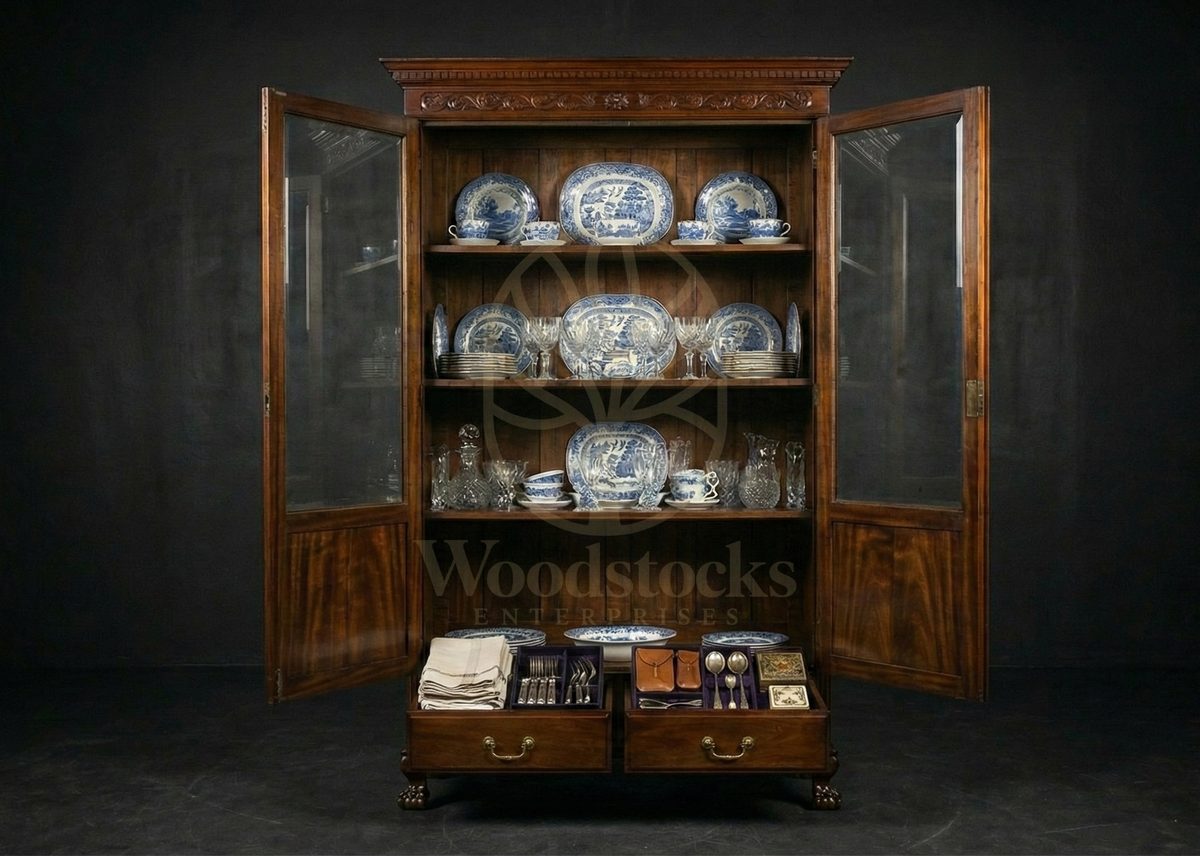 Hand Carved Teak Stratford Rosette-panel Glass Hutch, Saharanpur, view 3