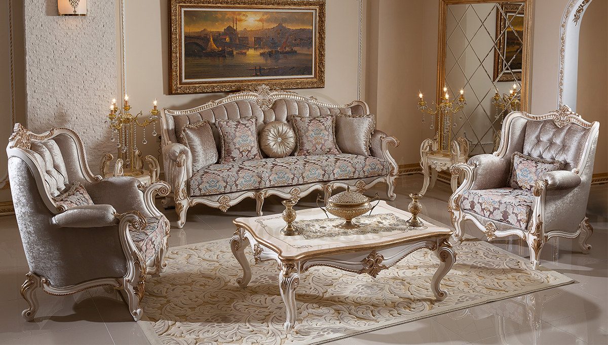 Royal Kayihan Beige Hand Carved Teak Sofa Set, Saharanpur, Sofa Set
