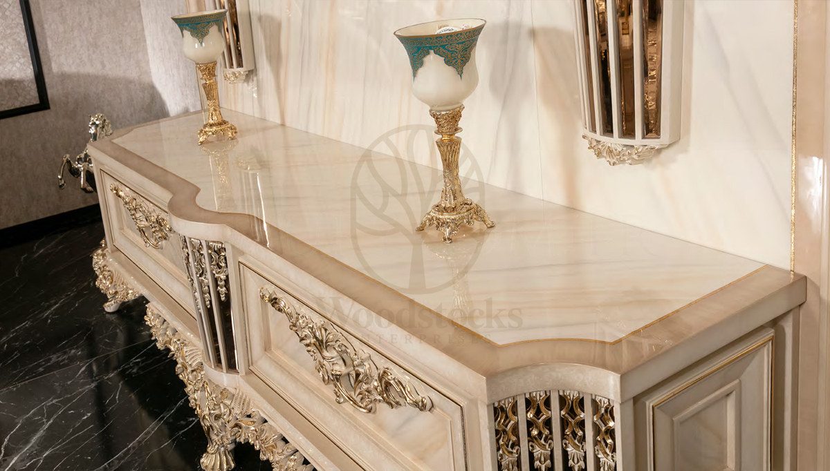 Royal Vitton White Hand Carved Teak Dining Table Set, Saharanpur, view 5
