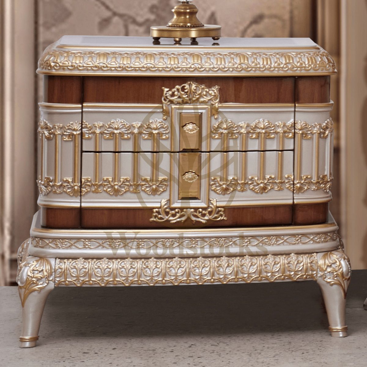Teak Luxury Antiqued Ivory Nightstand, Side Table / Nightstand