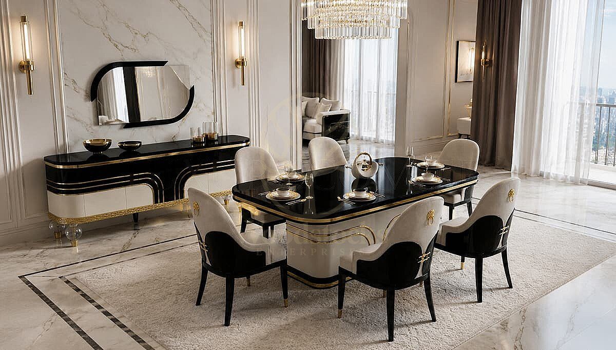 Luxury Montella White Black Handcrafted Teak Dining Table Set, Saharanpur, view 2