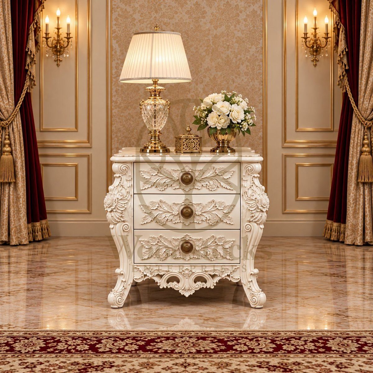 Teak Luxury Maharaja Carved Antiqued Ivory Nightstand, view 7