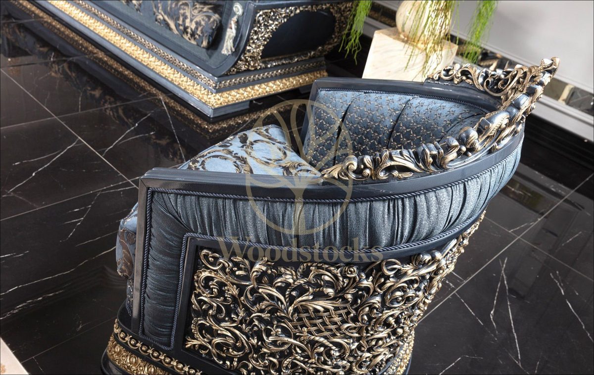 Teak Palace Blue and Silver Carved Sofa Set, view 4