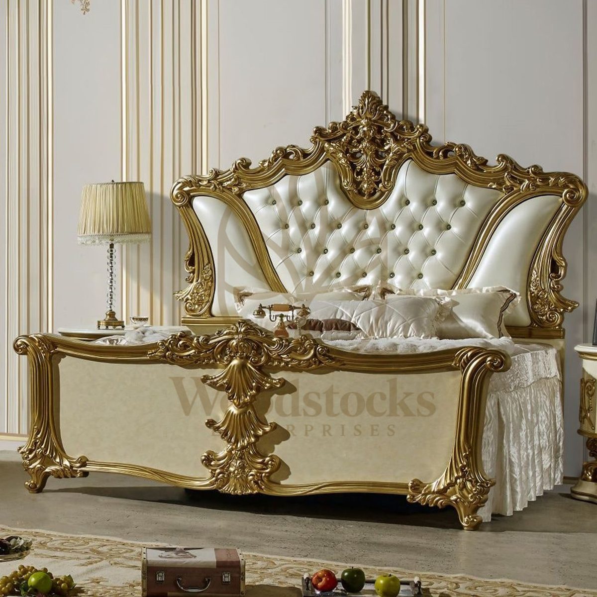 Teak Ornate Gold Bedroom Set, King Size Bed