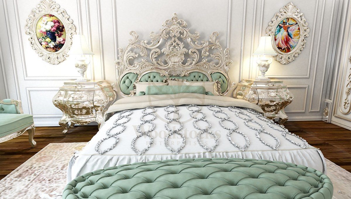 Royal Abudabi Beige Hand Carved Teak King Size Bed, Saharanpur, view 2