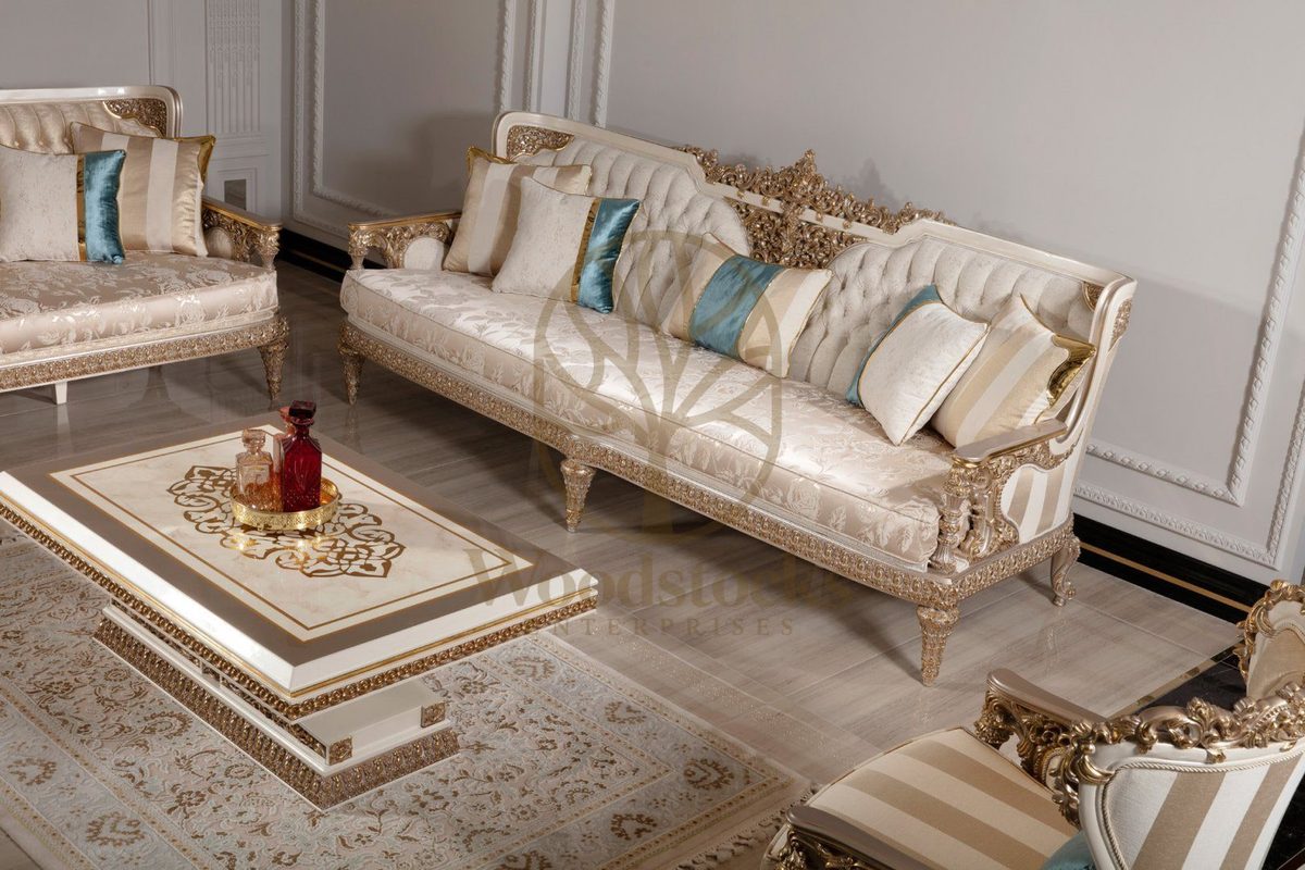 Teak Ornate Cream and Gold Throne Sofa Set, view 13