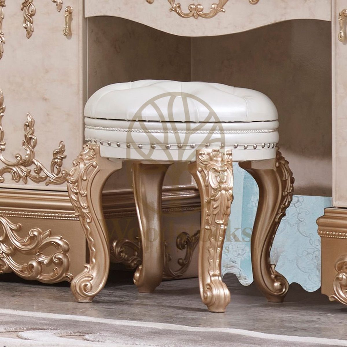 Teak Tufted Ivory Dressing Table, view 2