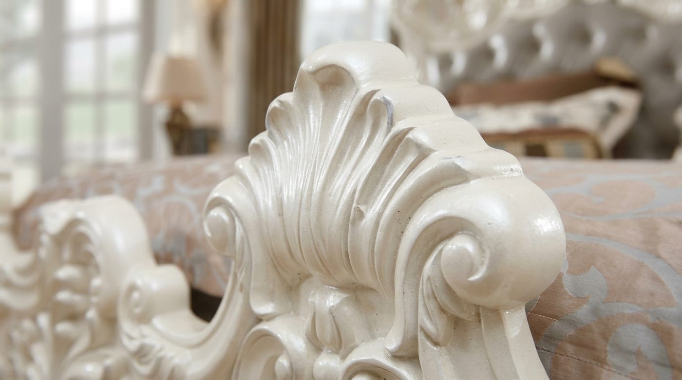 Close-up of hand-carved scrollwork on a solid teak bed frame finished in ivory lacquer, carved in Saharanpur