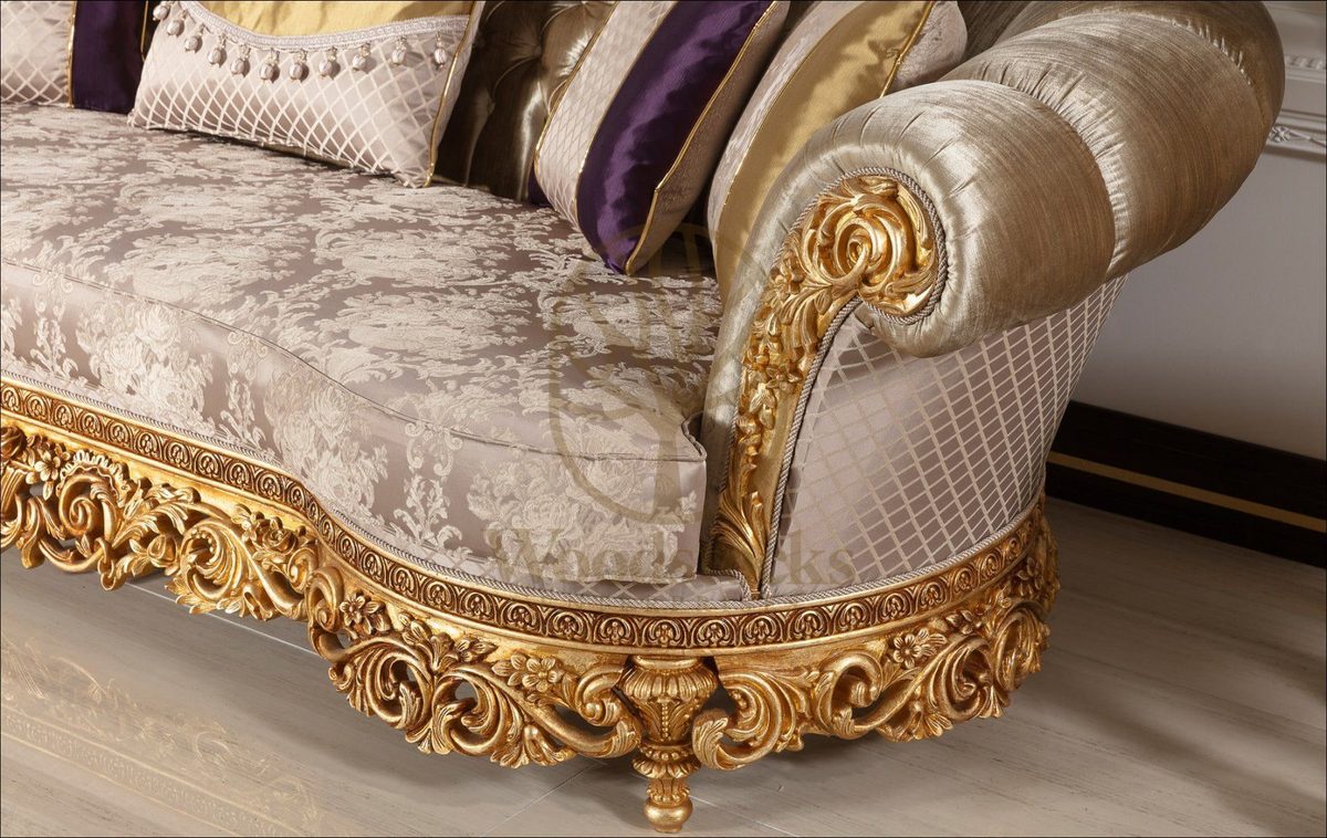 Teak Palace Cream and Gold Carved Sofa Set, view 6